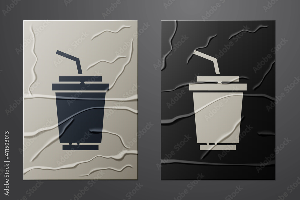 White Paper glass with drinking straw and water icon isolated on crumpled paper background. Soda dri