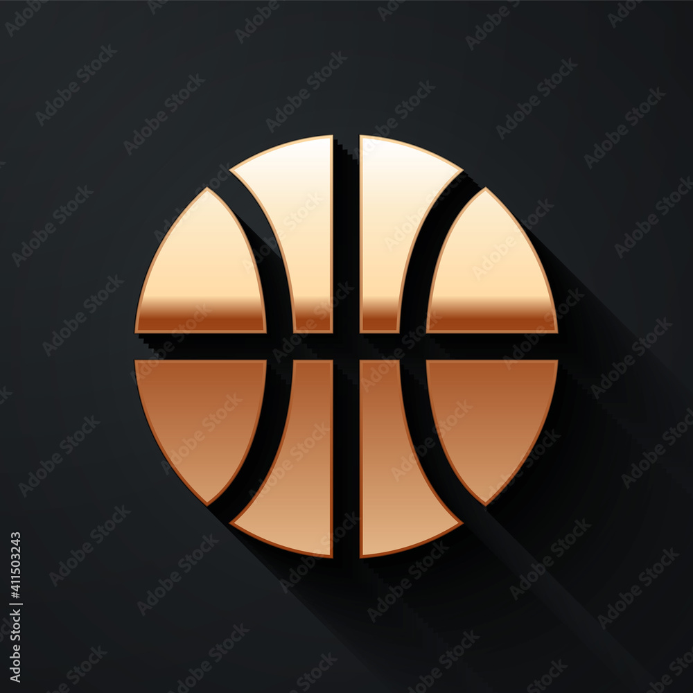 Gold Basketball ball icon isolated on black background. Sport symbol. Long shadow style. Vector.