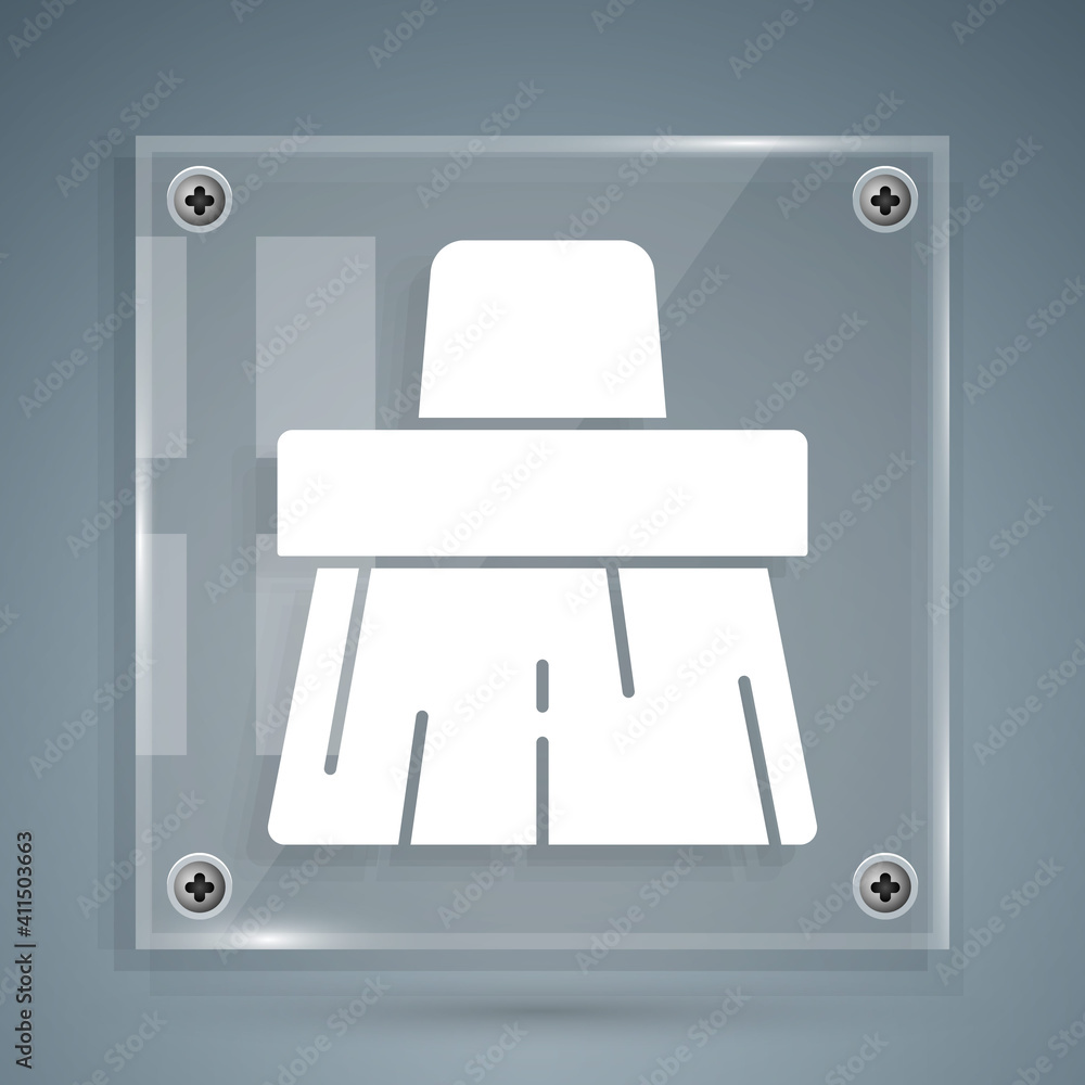 White Handle broom icon isolated on grey background. Cleaning service concept. Square glass panels. 