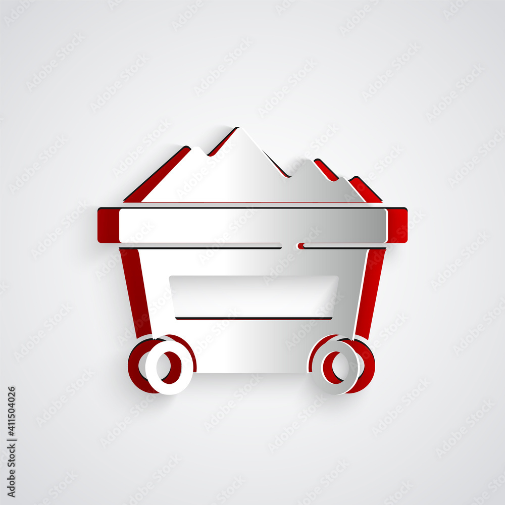 Paper cut Coal mine trolley icon isolated on grey background. Factory coal mine trolley. Paper art s