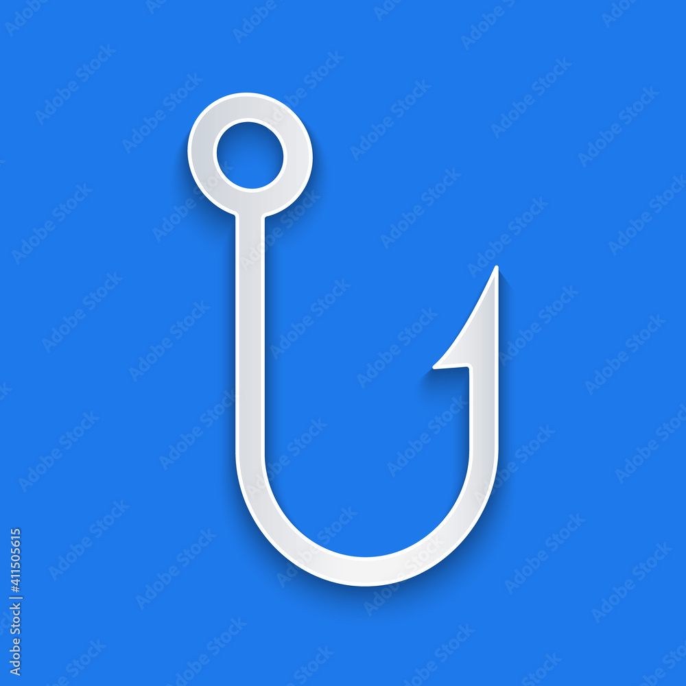 Paper cut Fishing hook icon isolated on blue background. Fishing tackle. Paper art style. Vector.