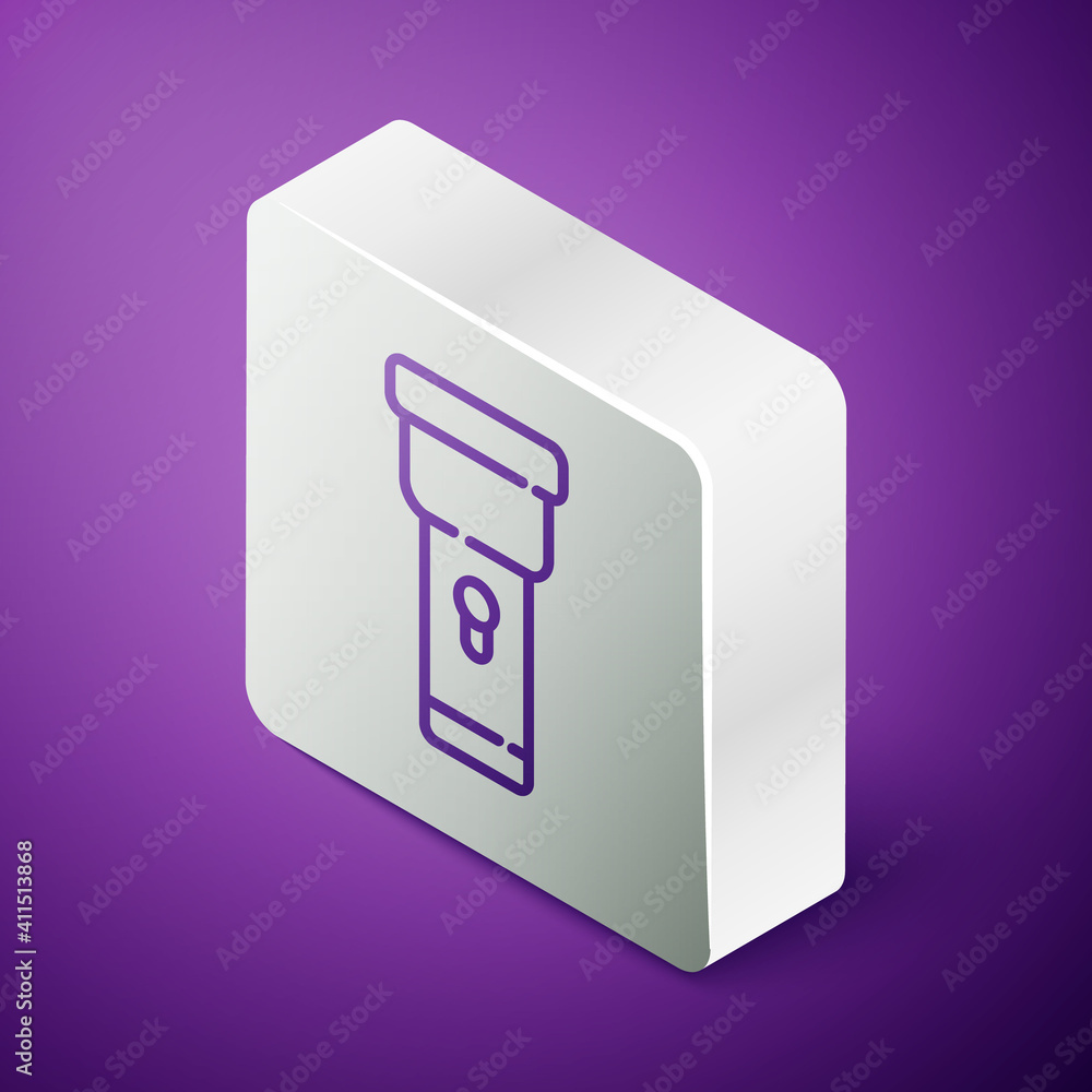 Isometric line Flashlight icon isolated on purple background. Silver square button. Vector.