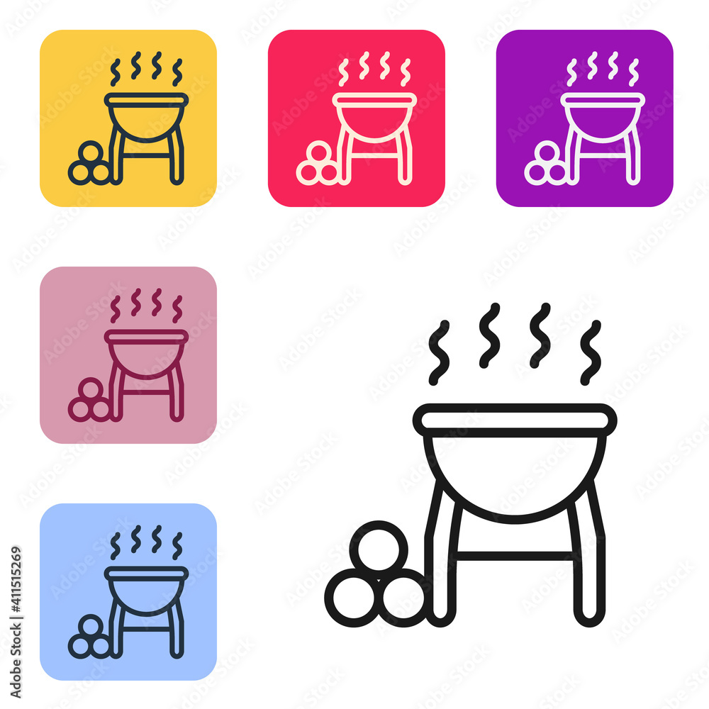 Black line Barbecue grill icon isolated on white background. BBQ grill party. Set icons in color squ