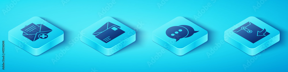 Set Isometric Delete envelope, Envelope, Envelope and Speech bubble chat icon. Vector.