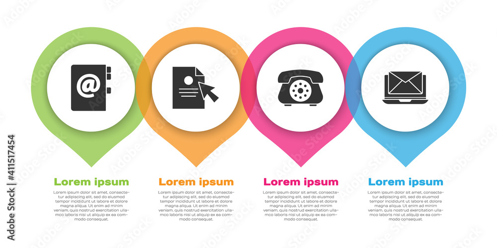 Set Address book, Document and cursor, Telephone and Laptop with envelope. Business infographic temp