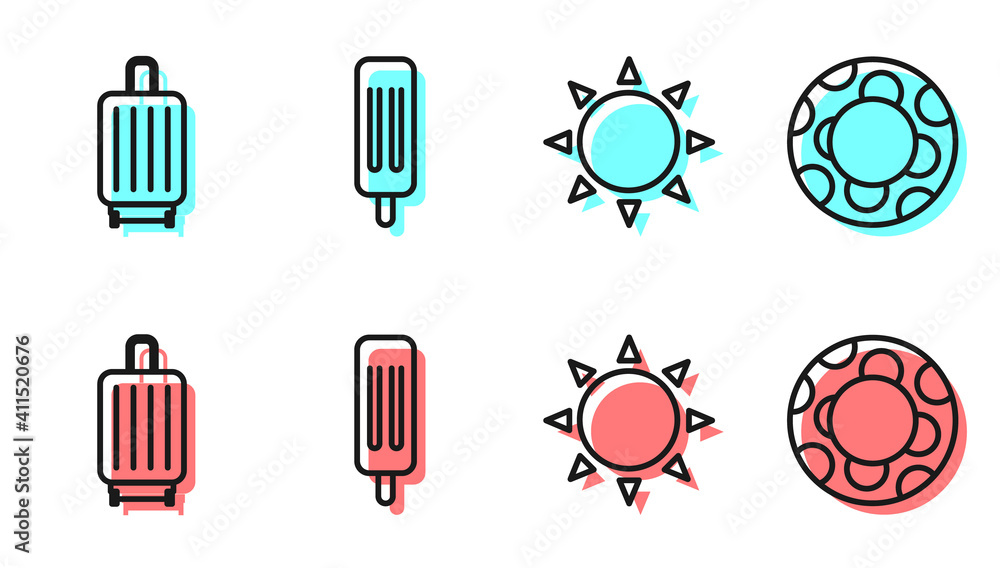 太阳、手提箱、冰淇淋和橡皮游泳圈图标。矢量。