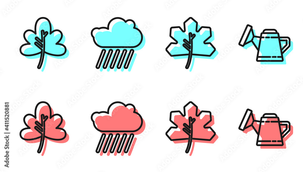 Set line Leaf or leaves, Leaf or leaves, Cloud with rain and Watering can icon. Vector.