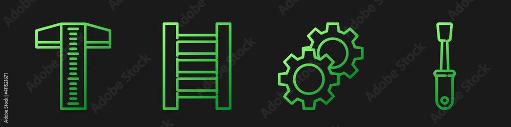 设置线齿轮，T形直角线，木制楼梯和螺丝刀。渐变色图标。矢量。