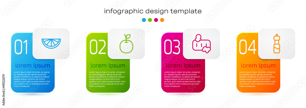 Set line Citrus fruit, Apple, Bar of soap with foam and Bottle water. Business infographic template.