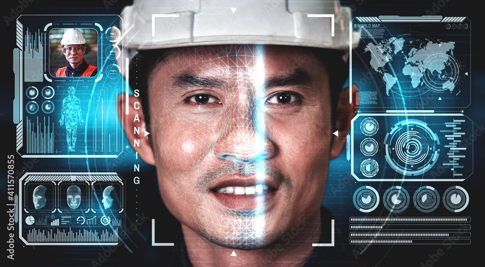 Facial recognition technology for industry worker to access machine control . Future concept interfa