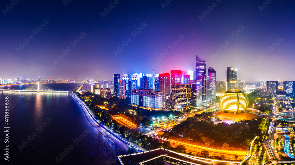 Aerial photography of Hangzhou city modern architecture landscape.