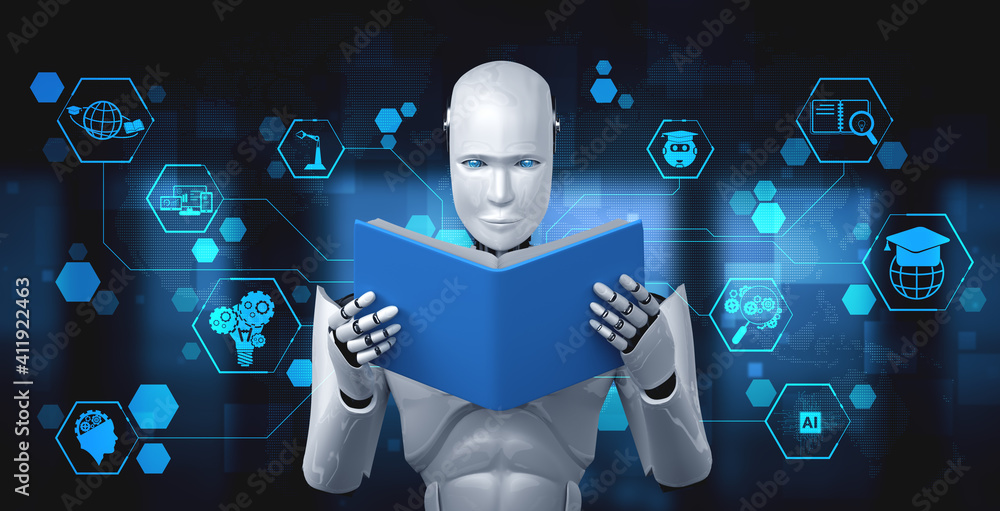 3D illustration of robot humanoid reading book in concept of future artificial intelligence and 4th 