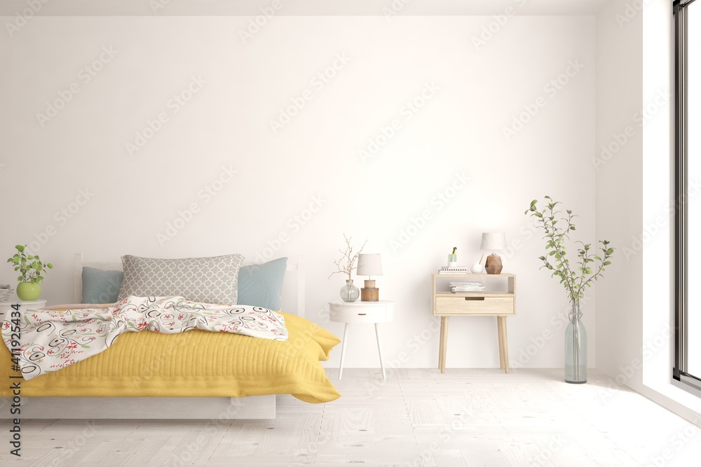 White bedroom interior. Scandinavian design. 3D illustration