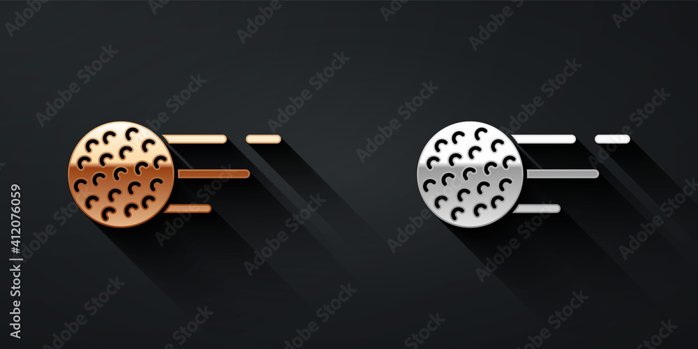 Gold and silver Golf ball icon isolated on black background. Long shadow style. Vector.