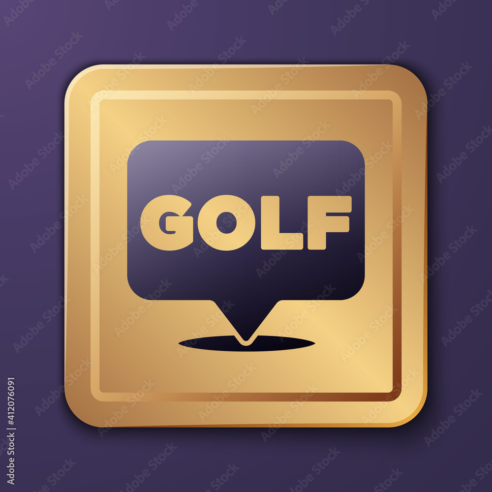 Purple Golf label icon isolated on purple background. Gold square button. Vector.