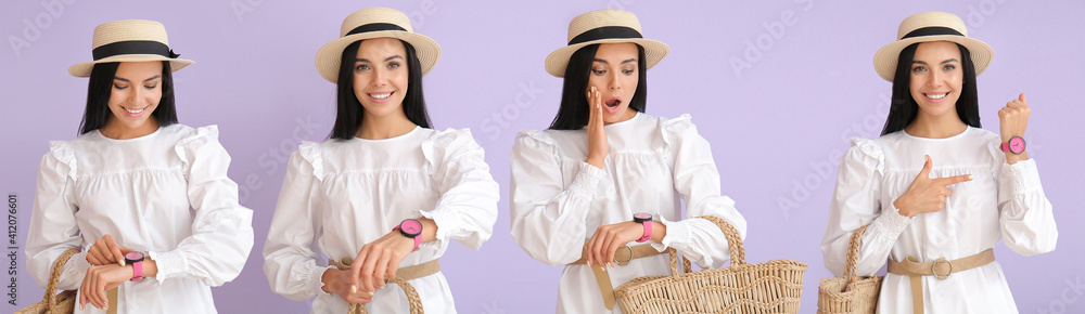 Collage of young woman with wristwatches on color background