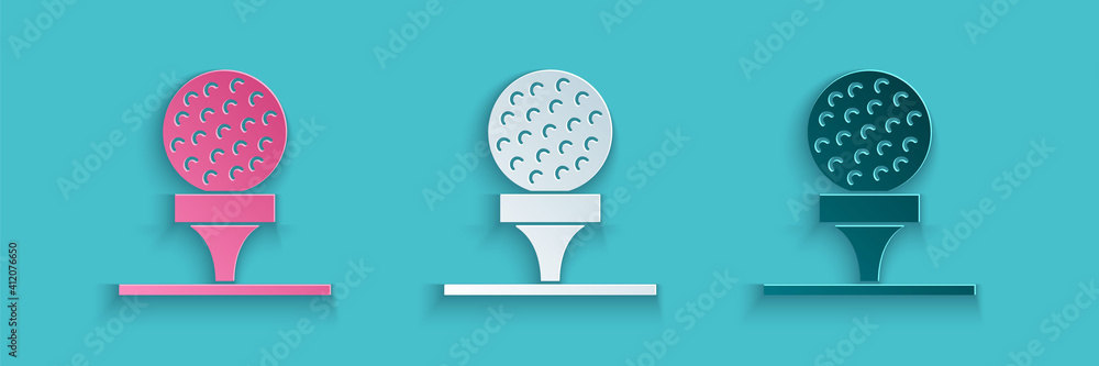 Paper cut Golf ball on tee icon isolated on blue background. Paper art style. Vector.