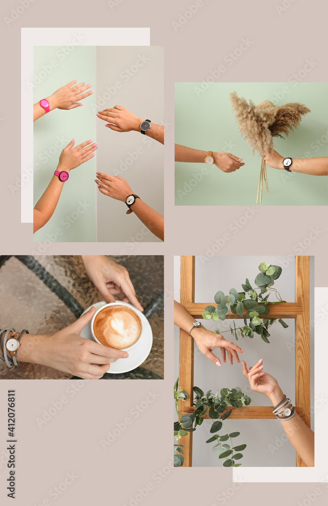 Collage of female hands with stylish wrist watches on grey background