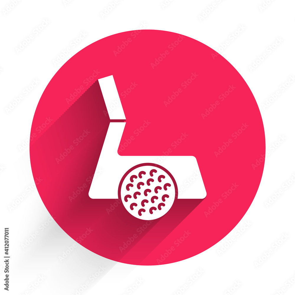 White Golf club with ball icon isolated with long shadow. Red circle button. Vector.