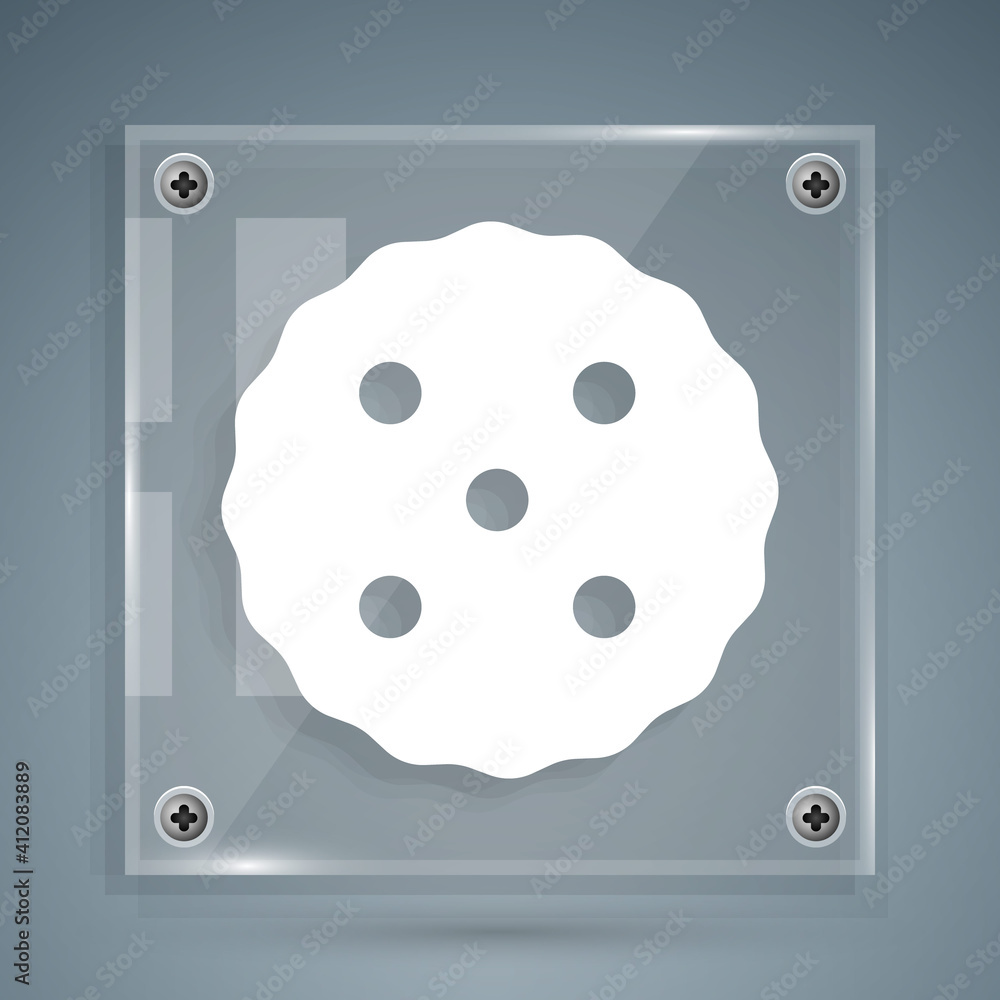 White Cookie or biscuit with chocolate icon isolated on grey background. Square glass panels. Vector