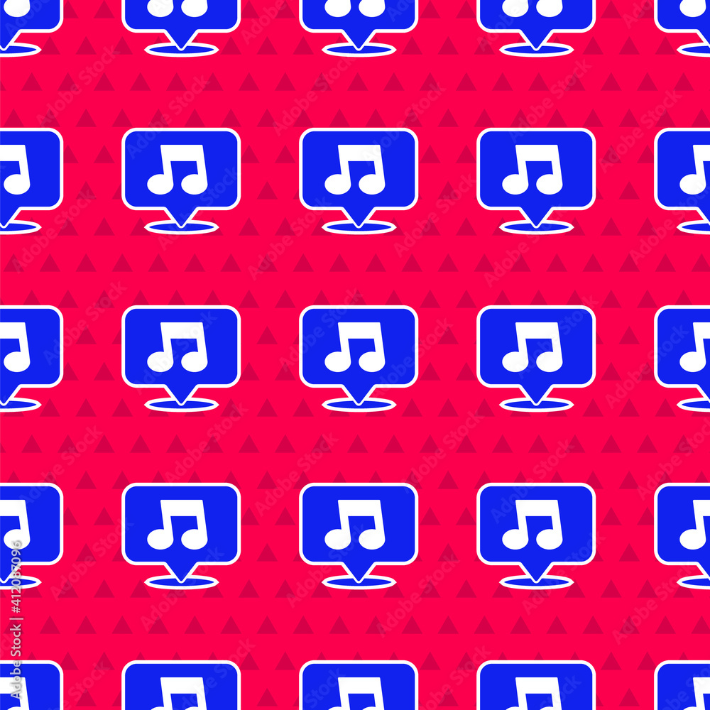 Blue Music note, tone icon isolated seamless pattern on red background. Vector.