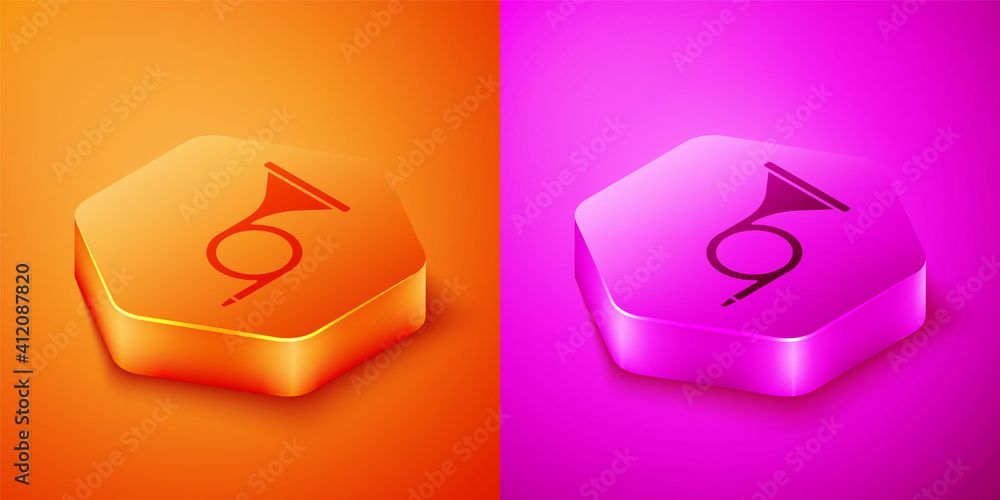 Isometric Musical instrument trumpet icon isolated on orange and pink background. Hexagon button. Ve