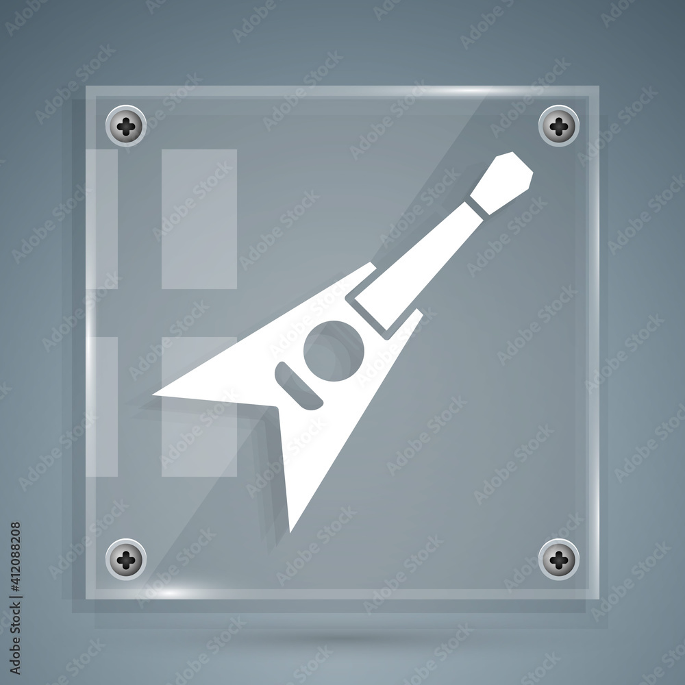 White Electric bass guitar icon isolated on grey background. Square glass panels. Vector.