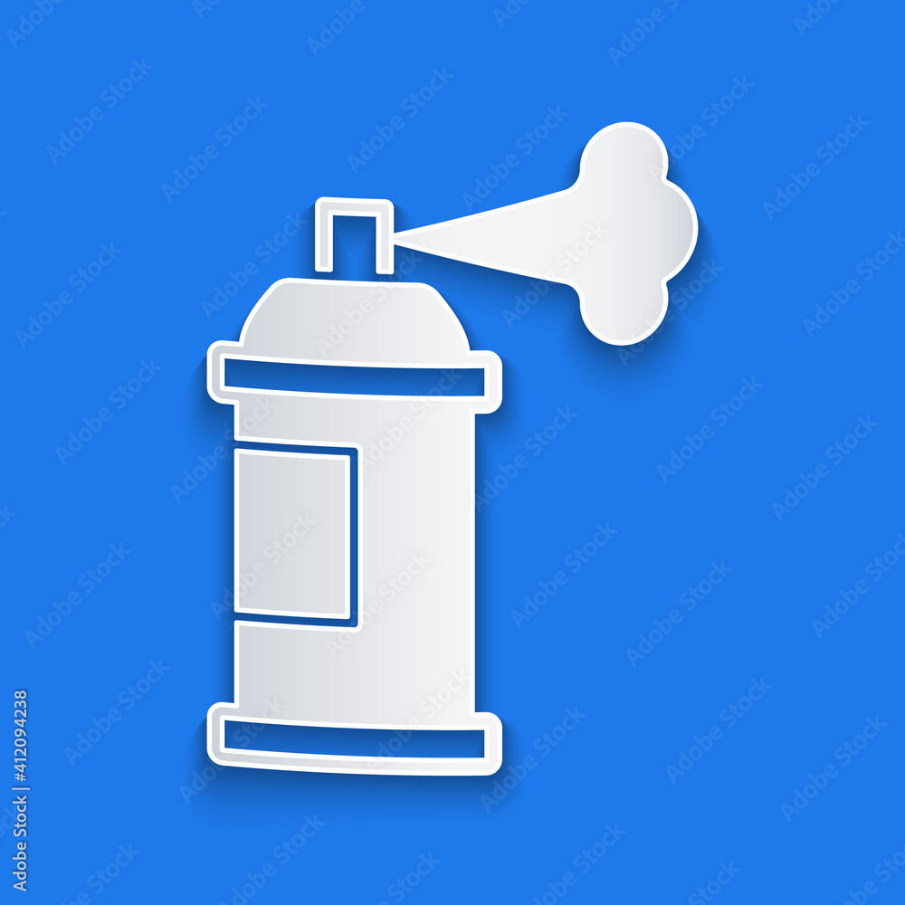 Paper cut Paint spray can icon isolated on blue background. Paper art style. Vector.