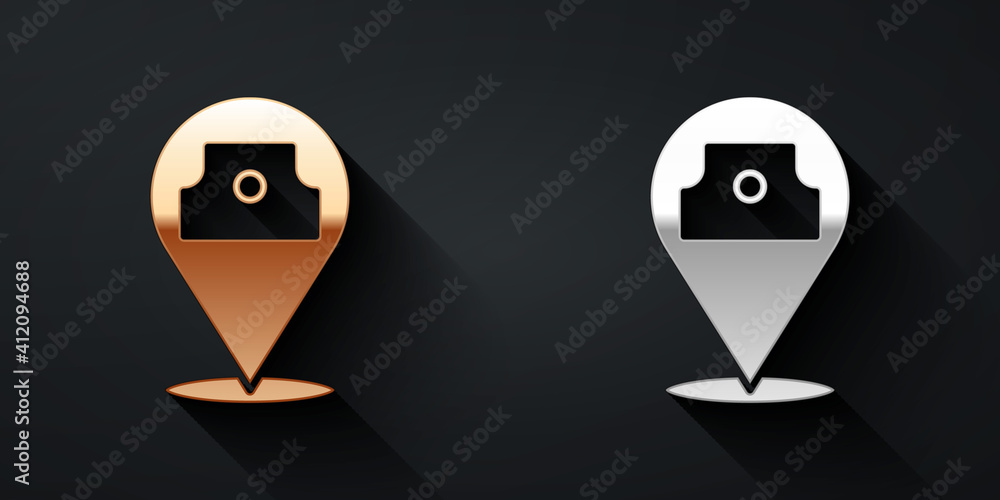 Gold and silver Paint spray can icon isolated on black background. Long shadow style. Vector.