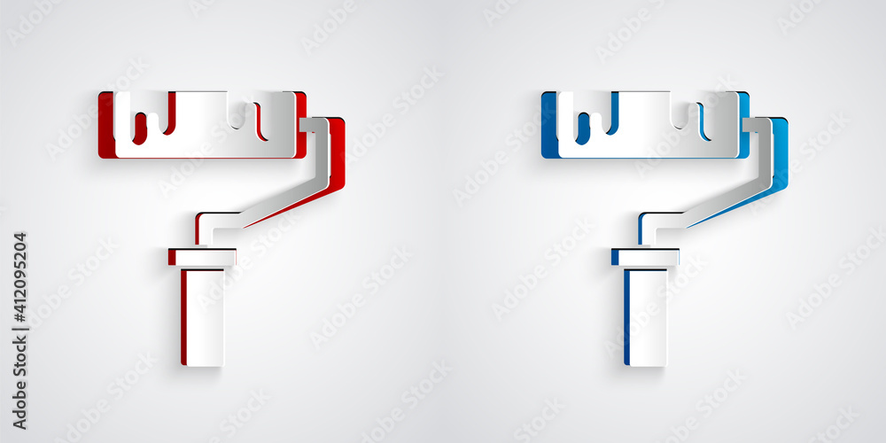 在灰色背景上孤立的剪纸颜料辊画笔图标。纸张艺术风格。矢量。