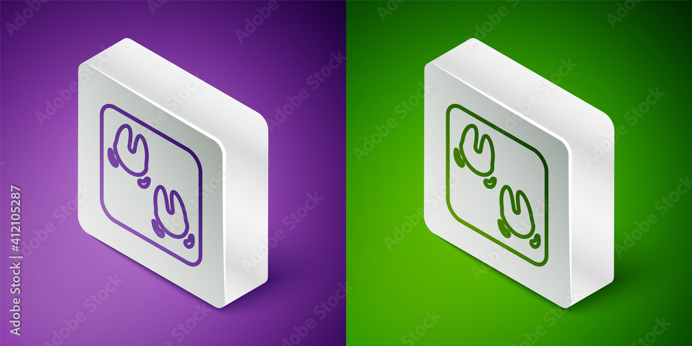 Isometric line Wild boar paw footprint icon isolated on purple and green background. Silver square b