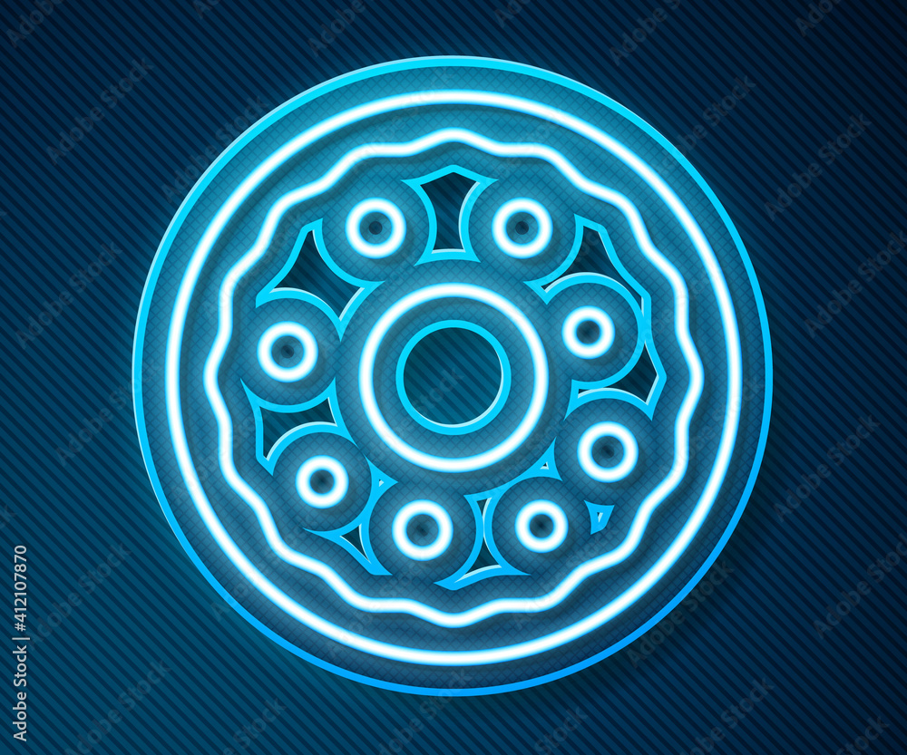 Glowing neon line Donut with sweet glaze icon isolated on blue background. Vector.