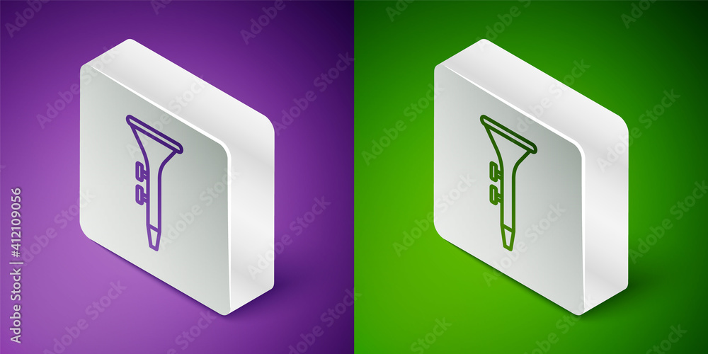 Isometric line Musical instrument drum and drum sticks icon isolated on purple and green background.