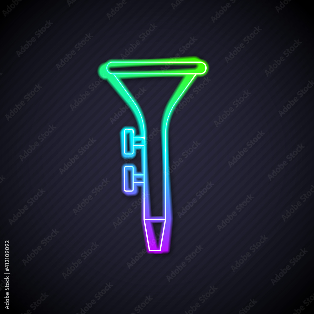 Glowing neon line Musical instrument drum and drum sticks icon isolated on black background. Vector.