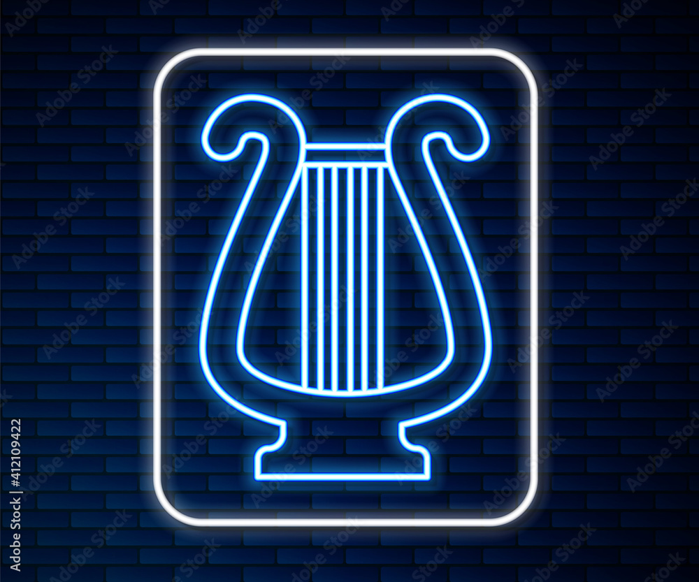 Glowing neon line Ancient Greek lyre icon isolated on brick wall background. Classical music instrum