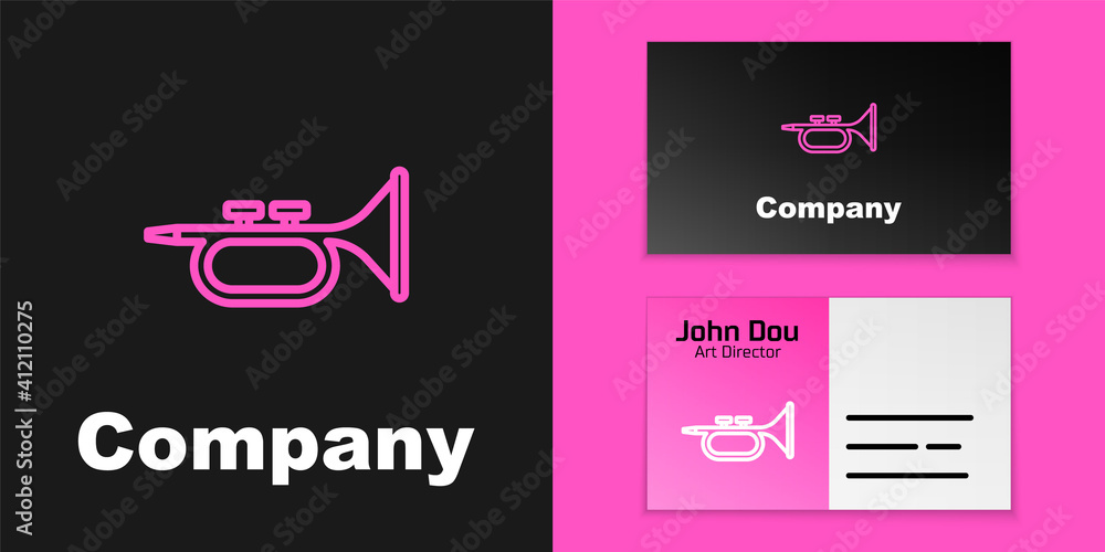 Pink line Musical instrument trumpet icon isolated on black background. Logo design template element