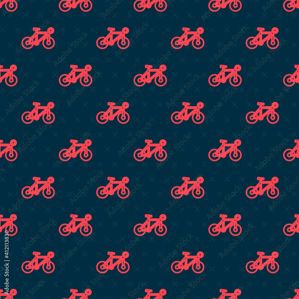 Red line Bicycle icon isolated seamless pattern on black background. Bike race. Extreme sport. Sport