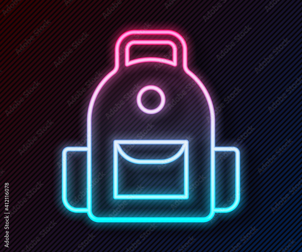 Glowing neon line School backpack icon isolated on black background. Vector.