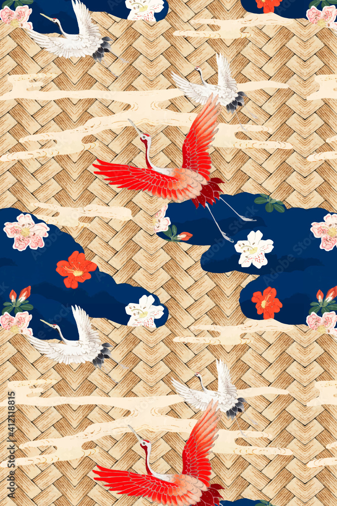 Traditional Japanese bamboo weave with crane pattern vector, remix of artwork by Watanabe Seitei