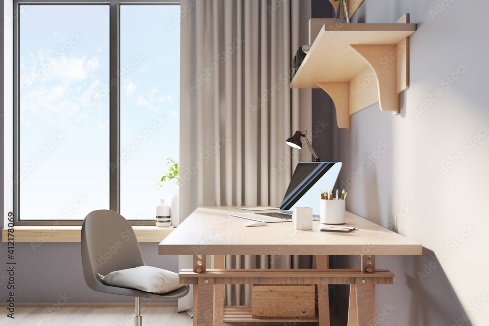 Remote work concept with modern sunny room, eco style workspace with wooden table and shelve, beige 