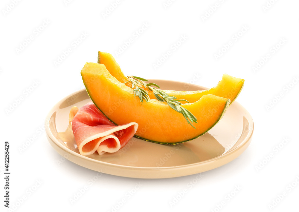 Plate with delicious melon and prosciutto on white background