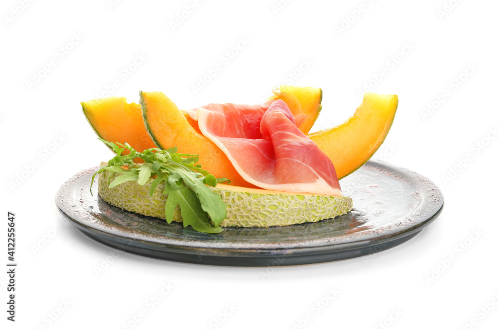 Plate with delicious melon and prosciutto on white background