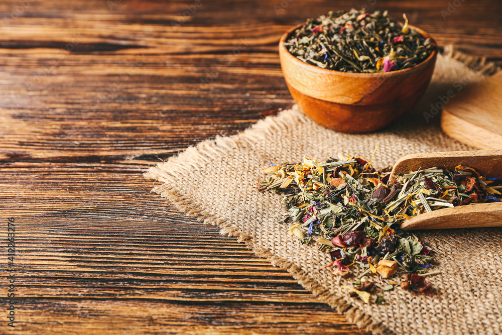 Dry fruit tea on wooden table