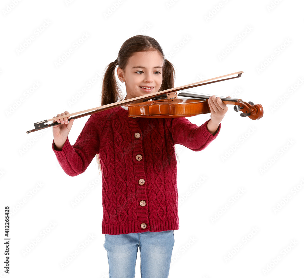 Little girl playing violin on white background