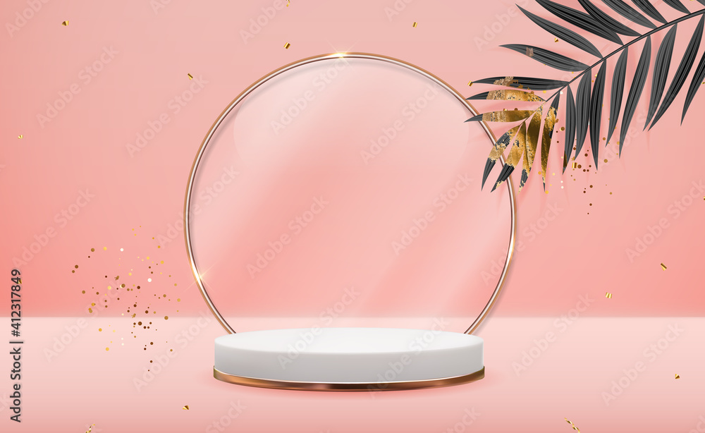 Realistic 3d Rose gold pedestal with golden glass ring frame over pink pastel natural background. Tr