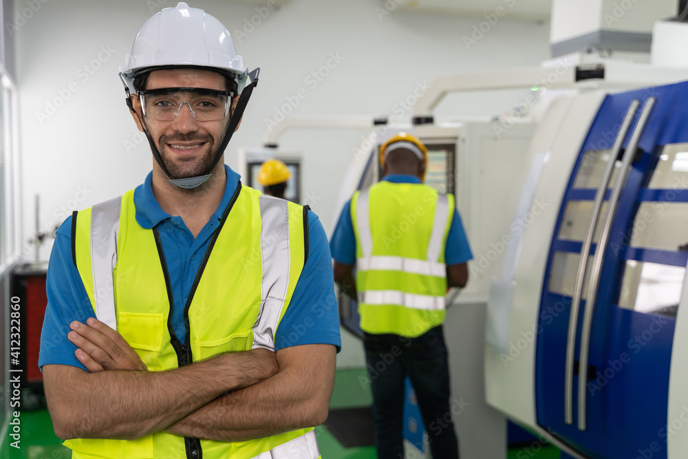 Foreman worker labor with machine in factory plant