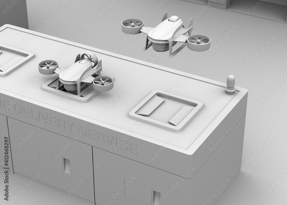 无人机在发射台上起飞和降落的粘土渲染图。最后一英里概念。3D r