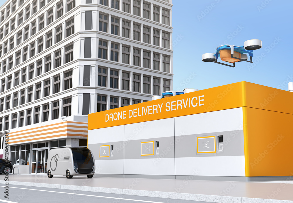 Delivery drones takeoff and landing on the launch pad. Last one mile concept. 3D rendering image.