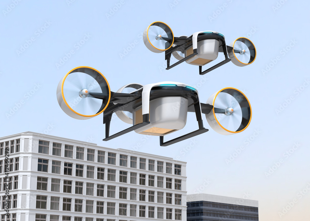 VTOL delivery drone flying in the sky.  3D rendering image.