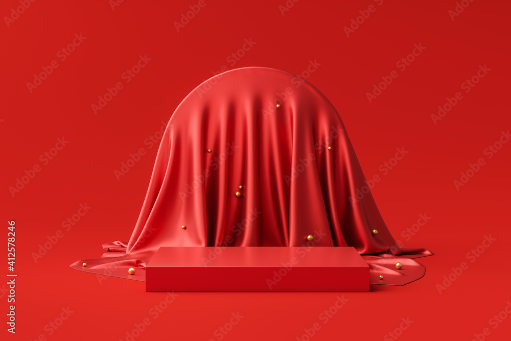 Red product background stand or podium pedestal on luxury advertising display with blank backdrops. 